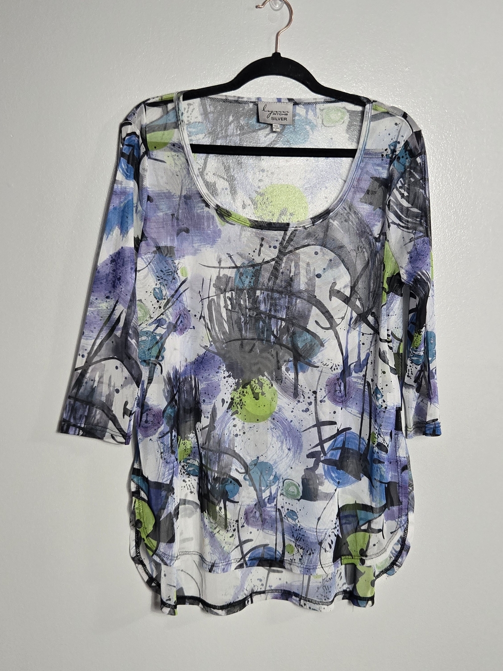 Lynn Ritchie Silver Abstract Watercolor Sheer Mesh High Low Tunic Top Size Large